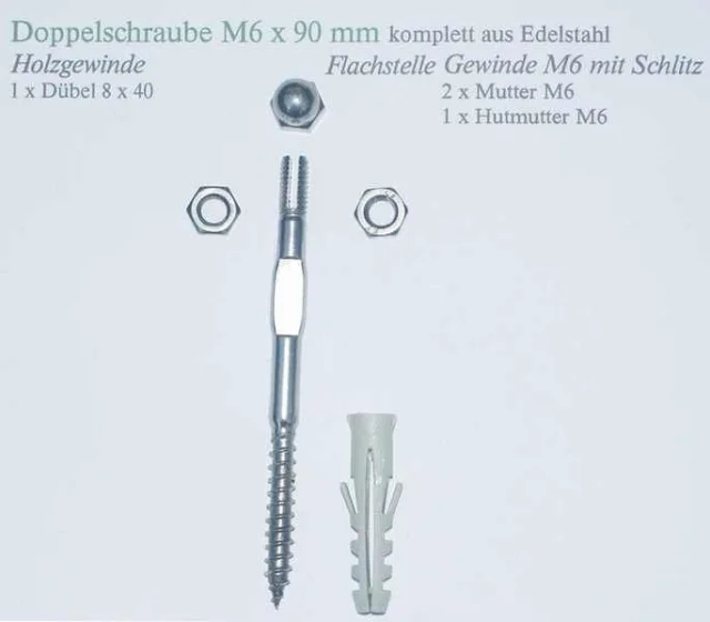 Komplette Doppelschraube mit Hutmutter, 2xFlachmutter und Dübel