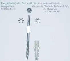 Komplette Doppelschraube mit Hutmutter, 2xFlachmutter und Dübel