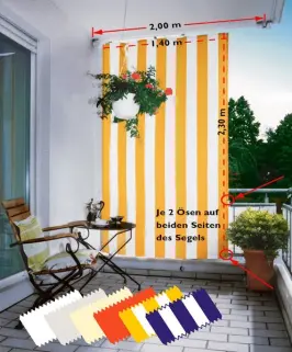 Senkrecht-Sonnensegel 230 x 140 cm - Farbe uni hell elfenbein - oben an einem Edelstahlseil (3,5 m) geführt