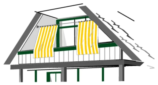 Senkrecht-Sonnensegel 230 x 140 cm - Farbe uni hell elfenbein - oben an einem Edelstahlseil (3,5 m) geführt