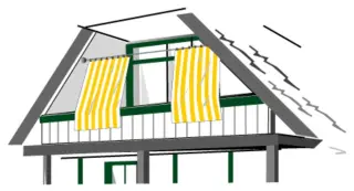 Senkrecht-Sonnensegel 230 x 140 cm - Farbe uni hell elfenbein - oben an einem Edelstahlseil (3,5 m) geführt