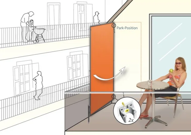 1x Paravent terracotta-orange in Wandbefestigung mit 2x Wand-Clip und vorne mit Fußplatte