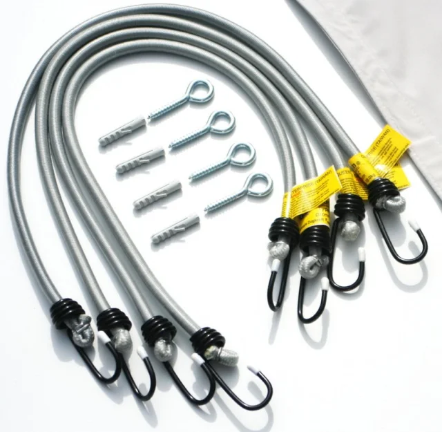 4x dauerelastische Spanngurte mit Düblen und Ringösenschrauben.