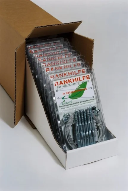 10 VE Versand-Kartondisplay -Floracord Rankhilfe in Seilspanntechnik - Stahl verzinkt - 10x Doppelblister