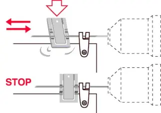 Schema Laufhakenstopper: lose geht der Stopper nicht verloren - in Bremsfunktion, aber ohne zu blockieren.